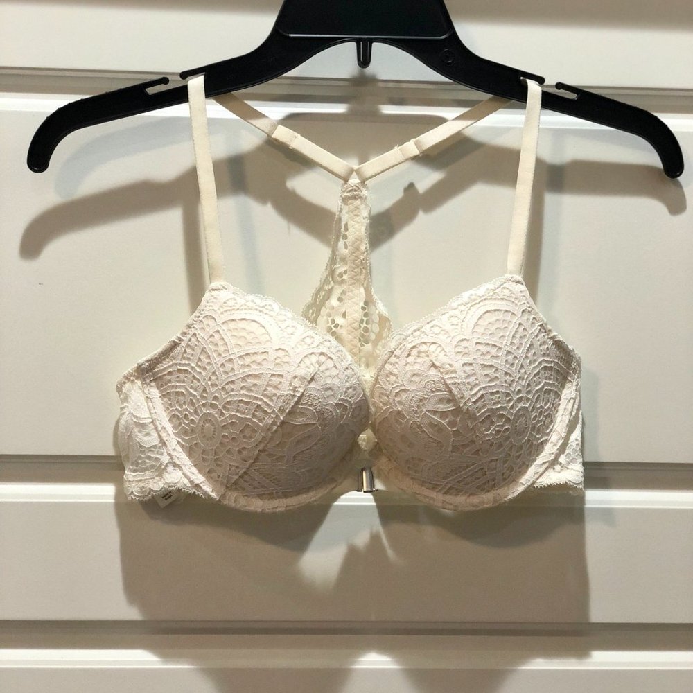 Cream Crochet Lace Front Closure T-Back Bra